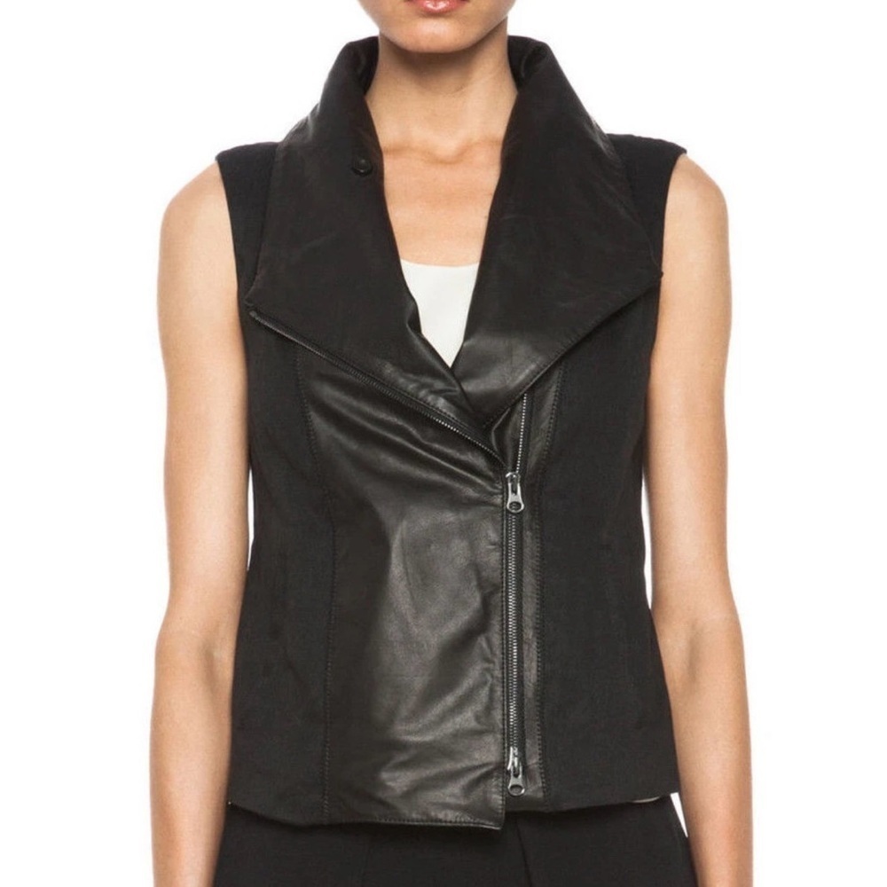 Vince Black Asymmetrical Linen Leather Women’s Vest